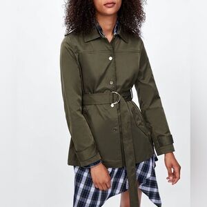 Zara Army Green Belted Short Trench Coat Safari Jacket Size XS